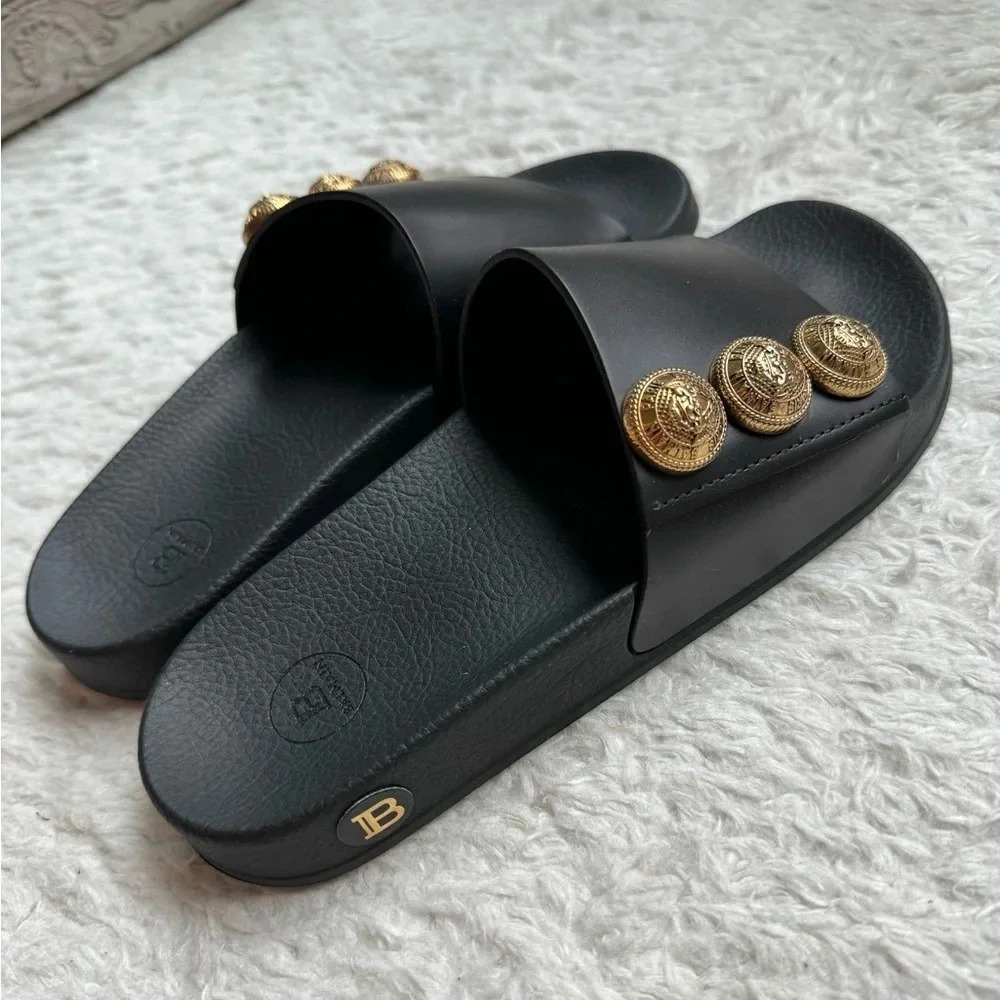 New in Box Balmain Symi Slided Leather Button Shoes Sandals Smooth Black Gold - Picture 3 of 15